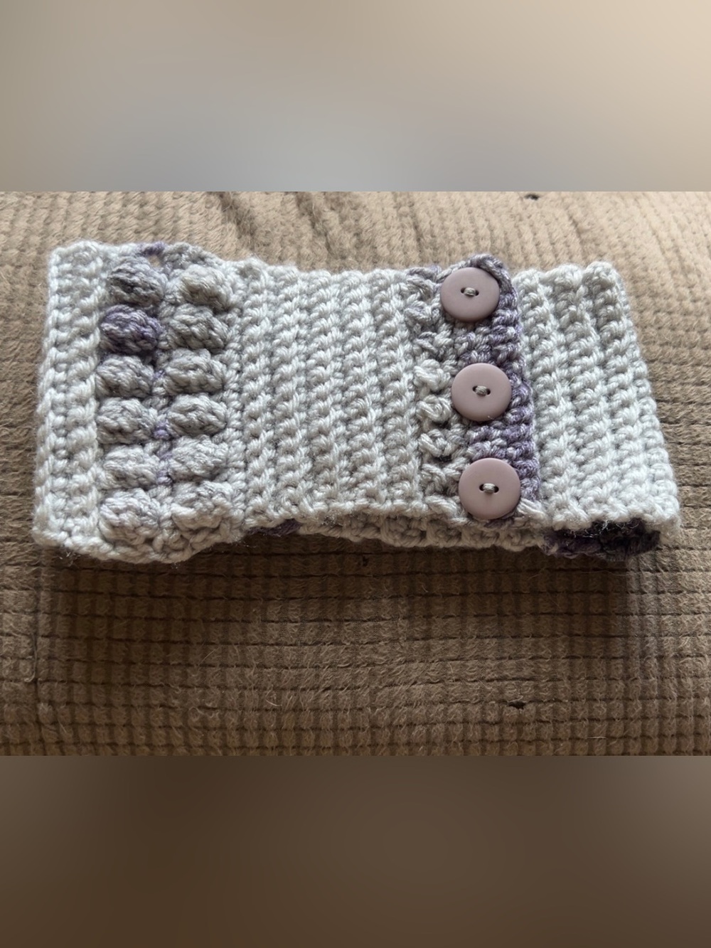 Handmade Cream and Lavender Knit ear Warmer with Buttons